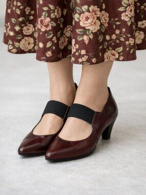 wine burgundy heel shoes with comfortable elasticized top strap